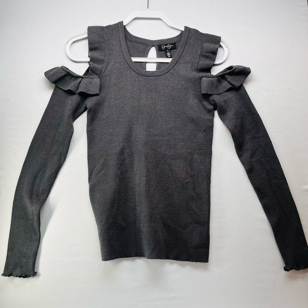 Jessica Simpson Juniors Ruffled Cold Shoulder Sweater‎ Dark Grey